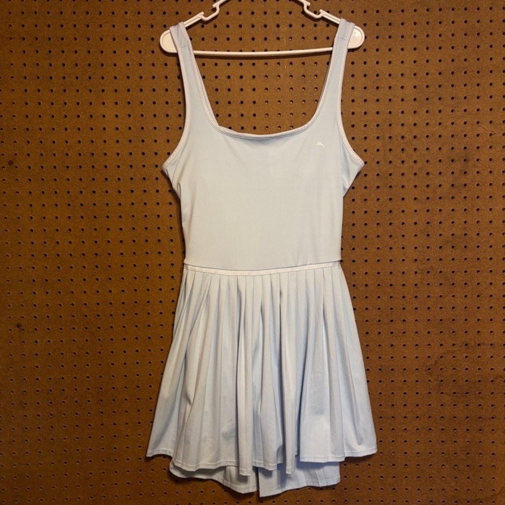 Tommy Bahama Tennis Dress Large Light Blue Pleated Open Back Built-in Shorts